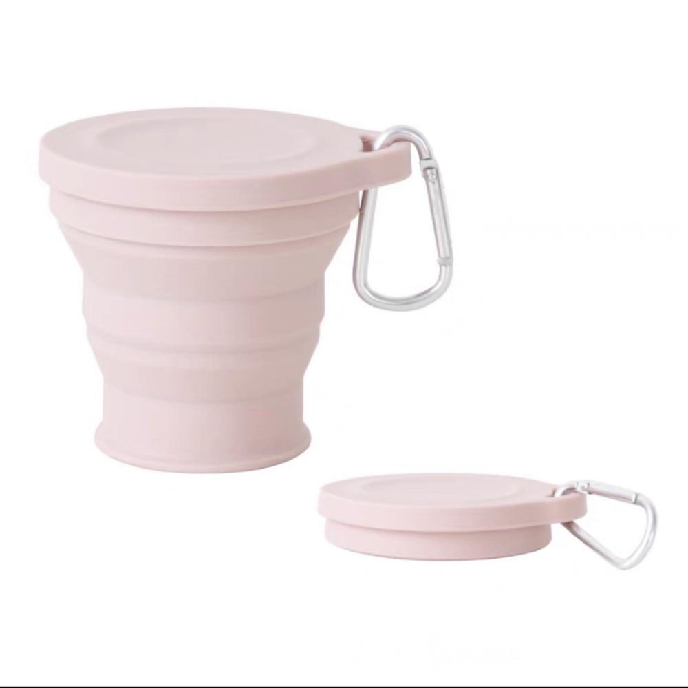 ZPCTECHGO Reusable Foldable Silicone Water Cup, Portable Picnic Snacks Cup, Pocket Size Travel Cup Extensible, Collapsible Cups with Lid for Camping, Travel (Pink with Hook)
