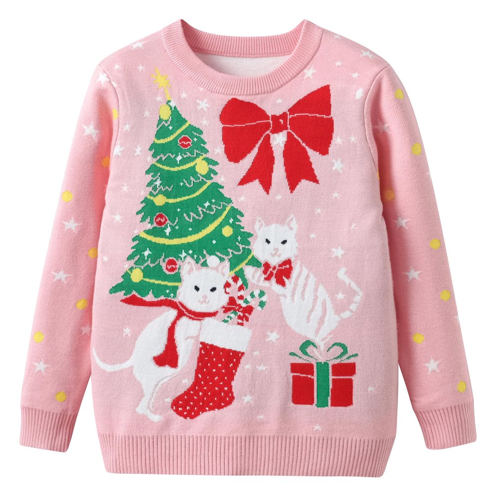 Girls Christmas Sweater Crew Neck Knit Pullover Tops Ugly Christmas Sweaters, Cat Pink, Tag 130 = 5T