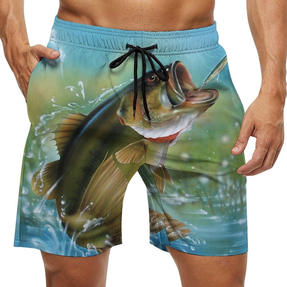 Bass Fishing Mens Swim Trunks Quick Dry Beach Shorts Casual Sports Board Shorts Swimwear with Pocket M