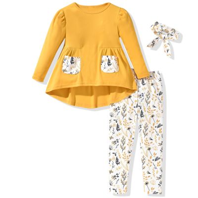 3-4T Toddler Little Girls Long Sleeve High Low Tops Legging Pants Outfit Fall Winter Clothes with Headband Yellow