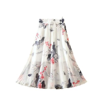 Women Summer Retro Beach Harajuku Blue Ink Painting Series Flowers Midskirt Lacing Elastic Skirts HHBSQ319A 04 S