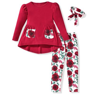 4-5T Toddler Little Girls Long Sleeve High Low Tops Legging Pants Outfit Fall Winter Clothes with Headband Floral Red