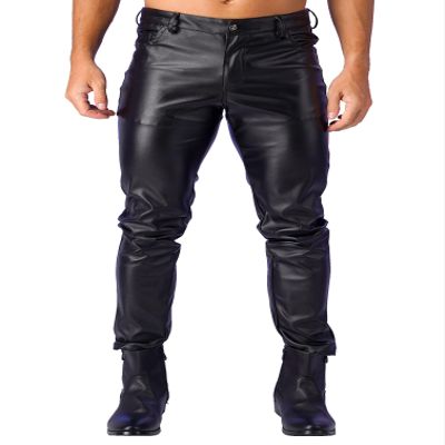 Vxuxlje Men's Faux Leather Motorcycle Biker Pants Stretch Gothic Punk Straight Leg Trousers Black Small
