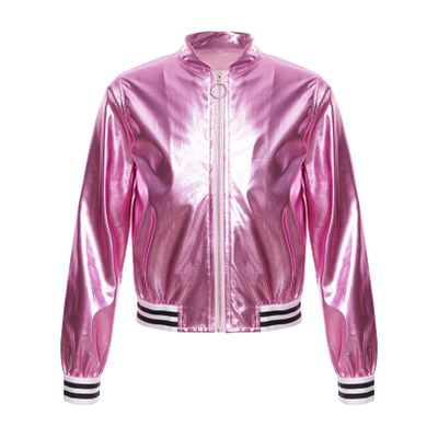 FEESHOW Girls Boys Sequined Metallic Bomber Jacket Zip Up Coat Outerwear for Hip Hop Jazz Sports Diaco Party Wear Pink 12 Years