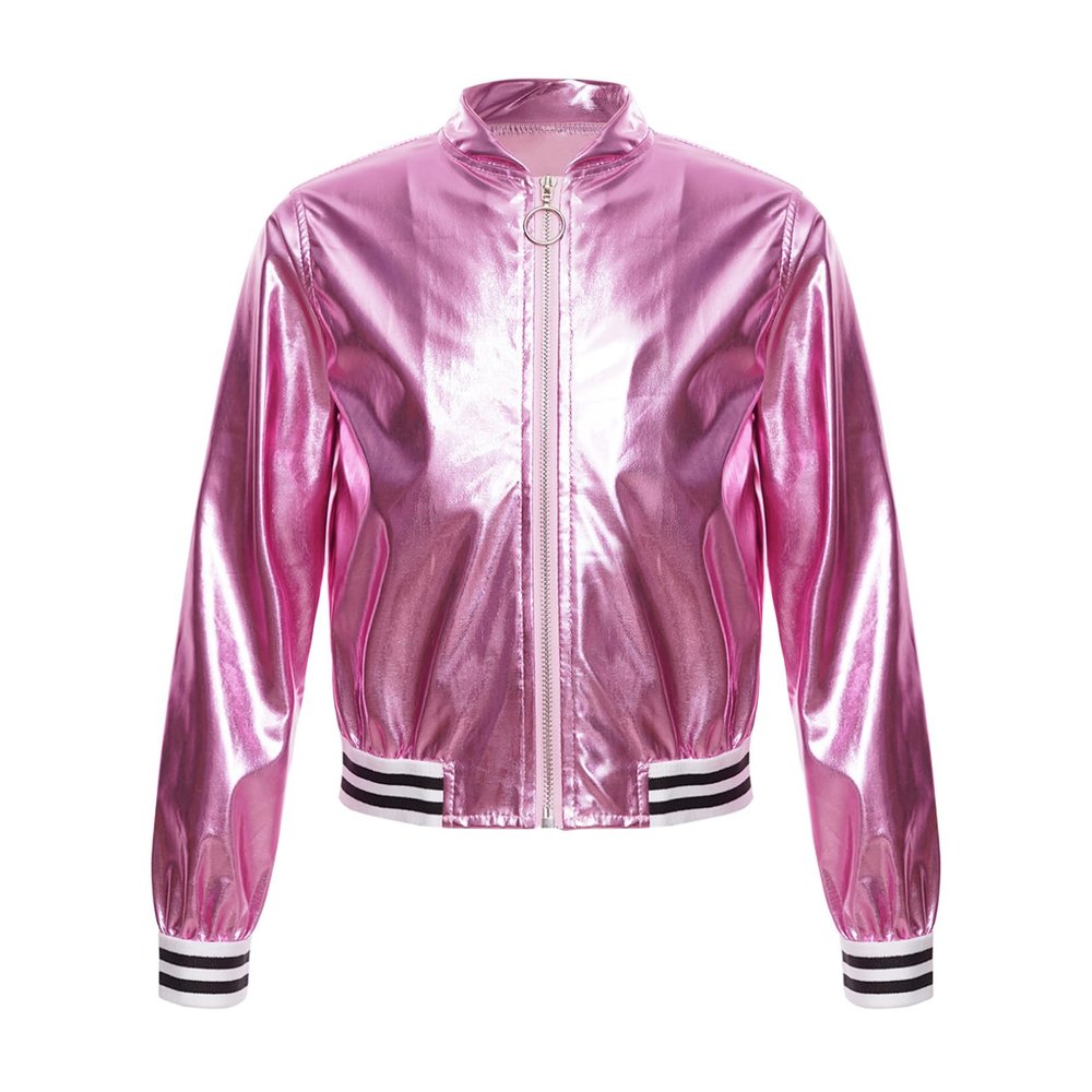 FEESHOW Girls Boys Sequined Metallic Bomber Jacket Zip Up Coat Outerwear for Hip Hop Jazz Sports Diaco Party Wear Pink 12 Years