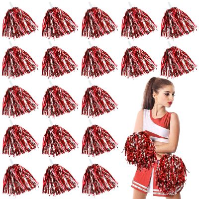 100 Pack Cheerleading Pom Pom Bulk Football Game Cheerleader Pompoms Plastic Cheering Hand Flowers with Handle for Sports Dance Match Team Cheerleading Squad(Red Silver)