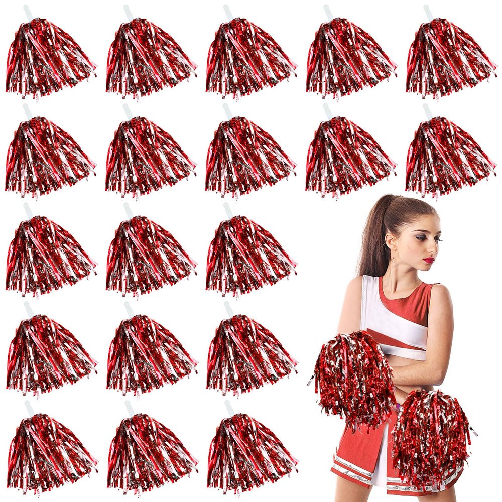 100 Pack Cheerleading Pom Pom Bulk Football Game Cheerleader Pompoms Plastic Cheering Hand Flowers with Handle for Sports Dance Match Team Cheerleading Squad(Red Silver)