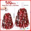 100 Pack Cheerleading Pom Pom Bulk Football Game Cheerleader Pompoms Plastic Cheering Hand Flowers with Handle for Sports Dance Match Team Cheerleading Squad(Red Silver) view 2