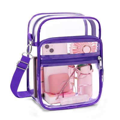 Blvornl Clear Crossbody Bag with Adjustable Shoulder Strap, Stadium Approved PVC Clear Purse Bag with Front Pocket, Clear Messenger Bag for Women and Men for Sports Events (Purple)