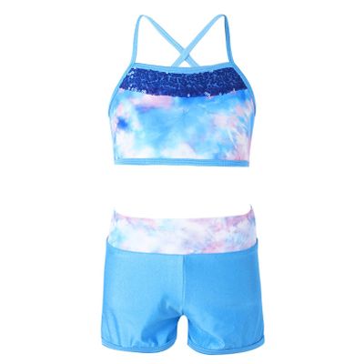 ranrann Girls 2PCS Ballet Dance Crop Outfits Shiny Sequins Criss-Cross Back Tank Top Bottoms Set Swimwear Bathing Suit Z Sea Sky Pink 11-12