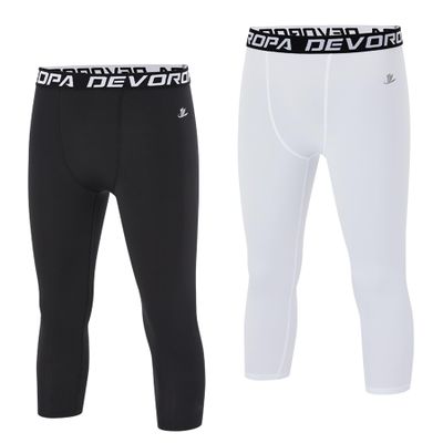 DEVOROPA Youth Boys Compression Pants 3/4 Length Sports Tights Leggings Soccer Basketball Base Layer 2 Pack Black/White S