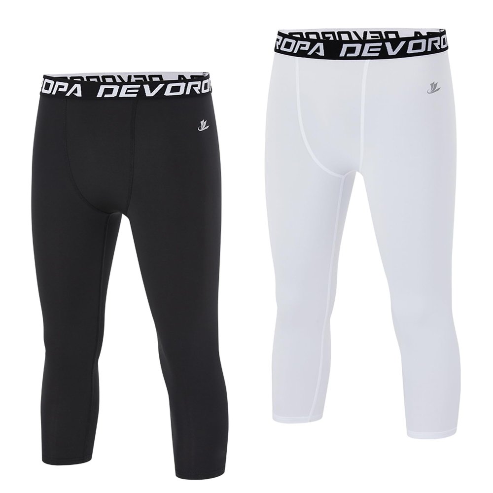 DEVOROPA Youth Boys Compression Pants 3/4 Length Sports Tights Leggings Soccer Basketball Base Layer 2 Pack Black/White S