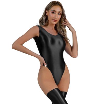 Rswnyirn Women's Oil Glossy Shiny Sleeveless One-Piece Workout Fitness Gymnastics Leotard Bodysuit Black Medium