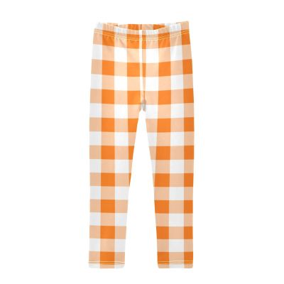 Aflyko Girls' Leggings Gingham Plaid Cute Orange Big Kids Athletic Pants Dance Tights Yoga Ballet Comfortable Soft Everyday Wear 9-10T