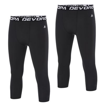 DEVOROPA Youth Boys Compression Pants 3/4 Length Sports Tights Leggings Soccer Basketball Base Layer 2 Pack Black/Black XS