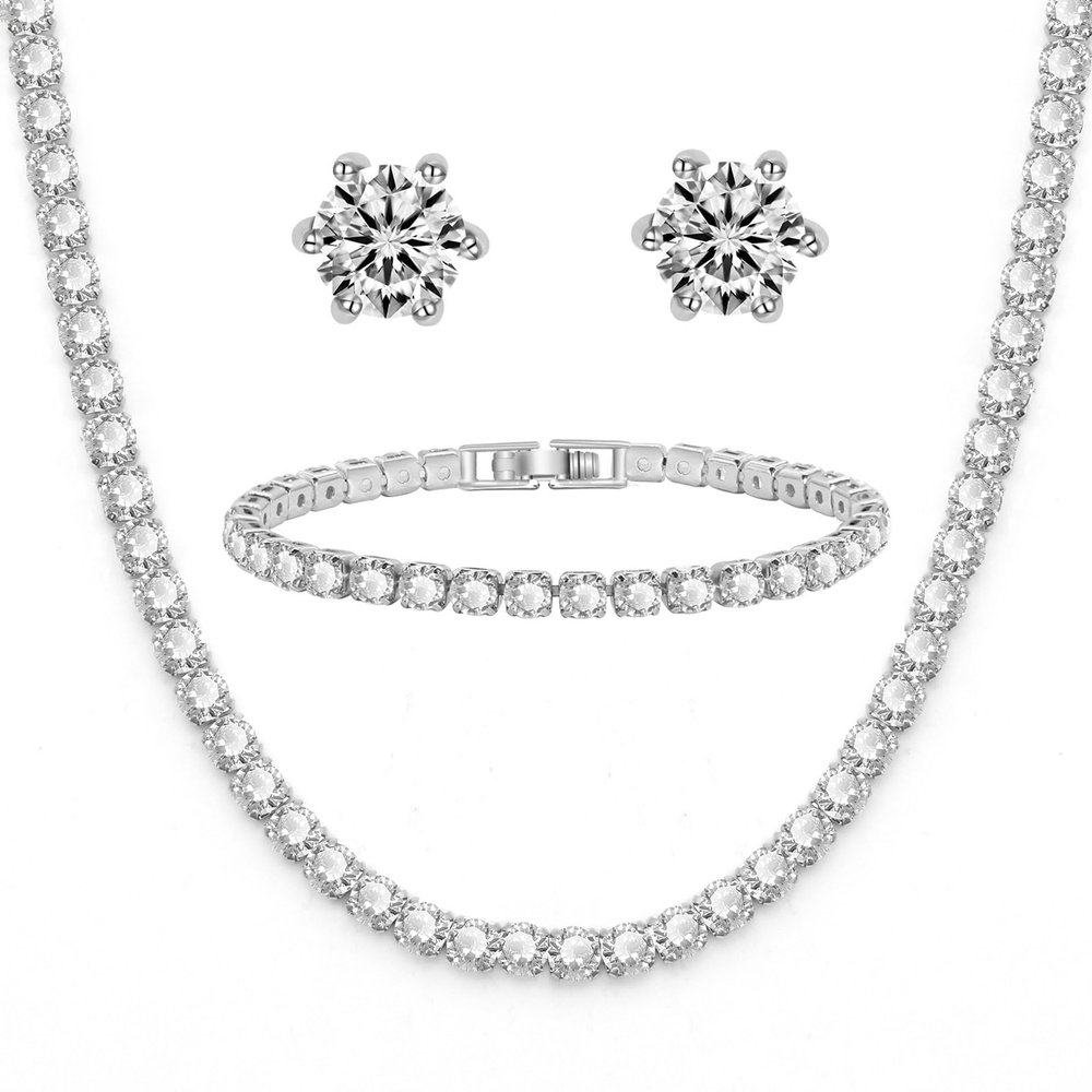 PORYIMEE Tennis Necklace Bracelet Earrings for Women, Silver Plated, Dainty Tennis Chocker Necklace, Crystal Bracelet for Men/Teen Female, Wedding Jewelry for Bride, Hypoallergenic