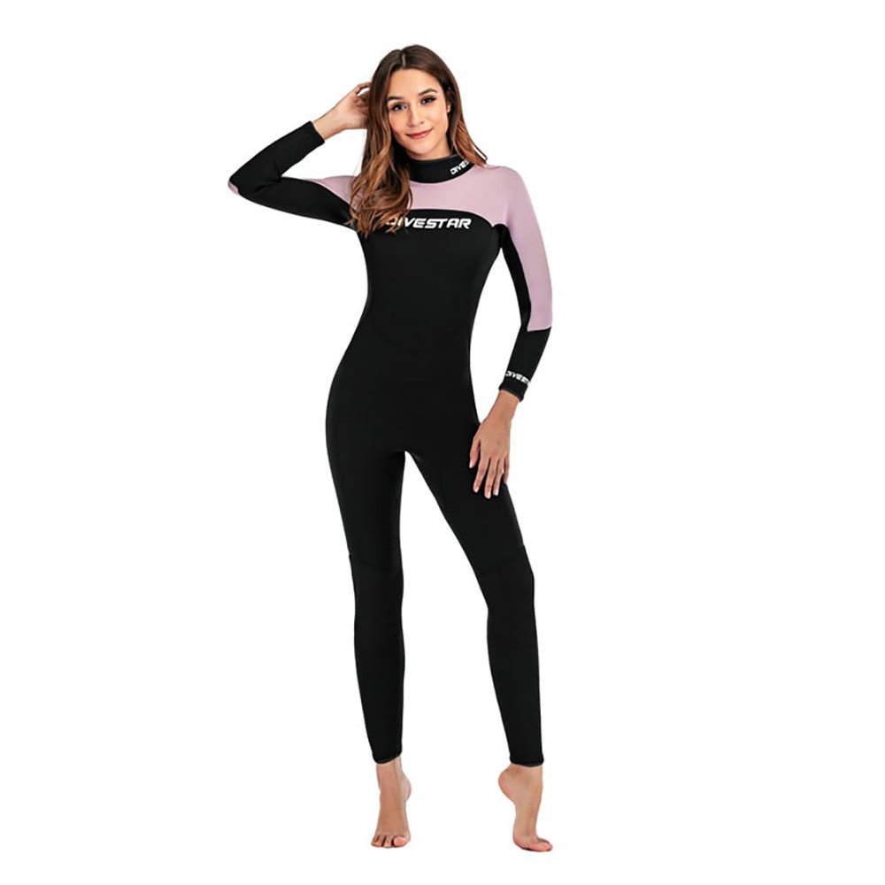 3MM Neoprene Wetsuit Women's One Piece Long Sleeve Swimming Suit Sun Protection Warm Surfing Suit Water Sports Diving Suit,Pink,XL