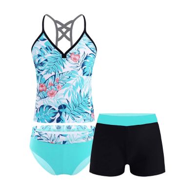 vastwit Kids Teenage Girls 3pcs Floral Printed Tankini Swimsuit Boyshort Top Bottom Set Hawaii Swimwear Bathing Suit Green Palm Leaves 8 Years