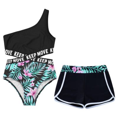 Yihuimin Girls 2 Pcs Athletic Swimsuit One Shoulder One Piece Swimsuit with Shorts Gymnastics Dancewear Lily 14 Years