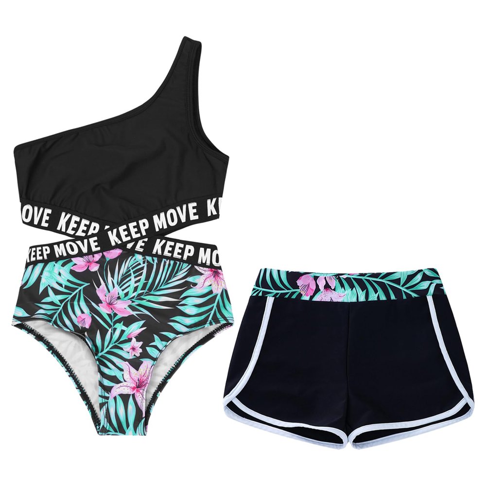 Yihuimin Girls 2 Pcs Athletic Swimsuit One Shoulder One Piece Swimsuit with Shorts Gymnastics Dancewear Lily 14 Years