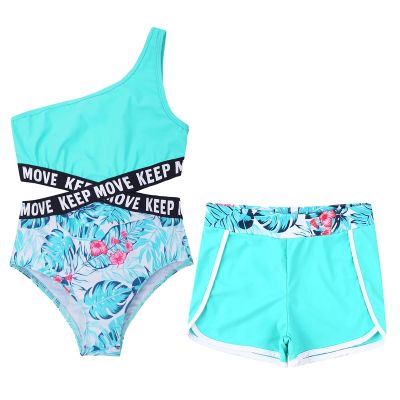 Moily Kids Girls Floral 2 Piece Tankini Swimsuit Set Crisscross Cutouts Waist Rashguard Swimwear with Shorts X-Leaf 14