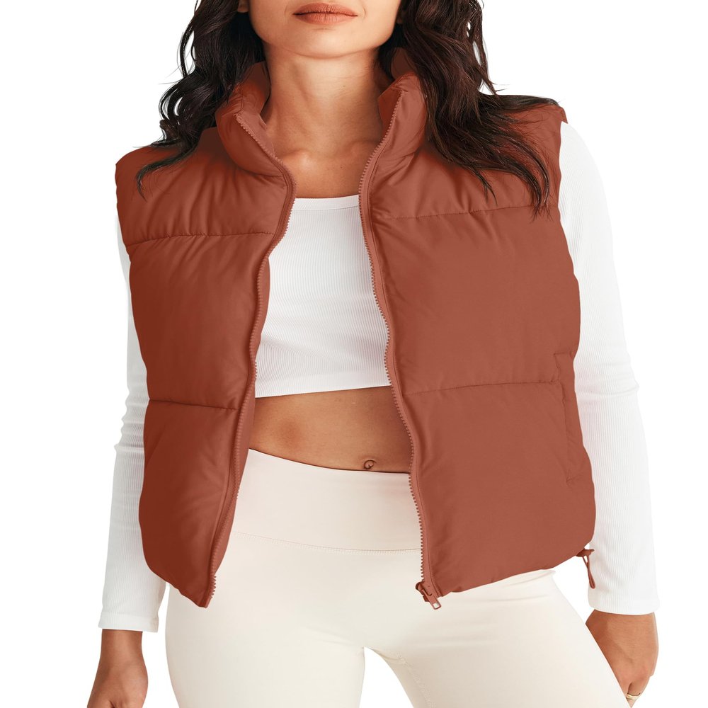 MEROKEETY Puffer Vest Women 2025 Fall Winter Sleeveless Jackets Lightweight Warm Stand Collar Quilted Zip Up Coat, Brown, Large