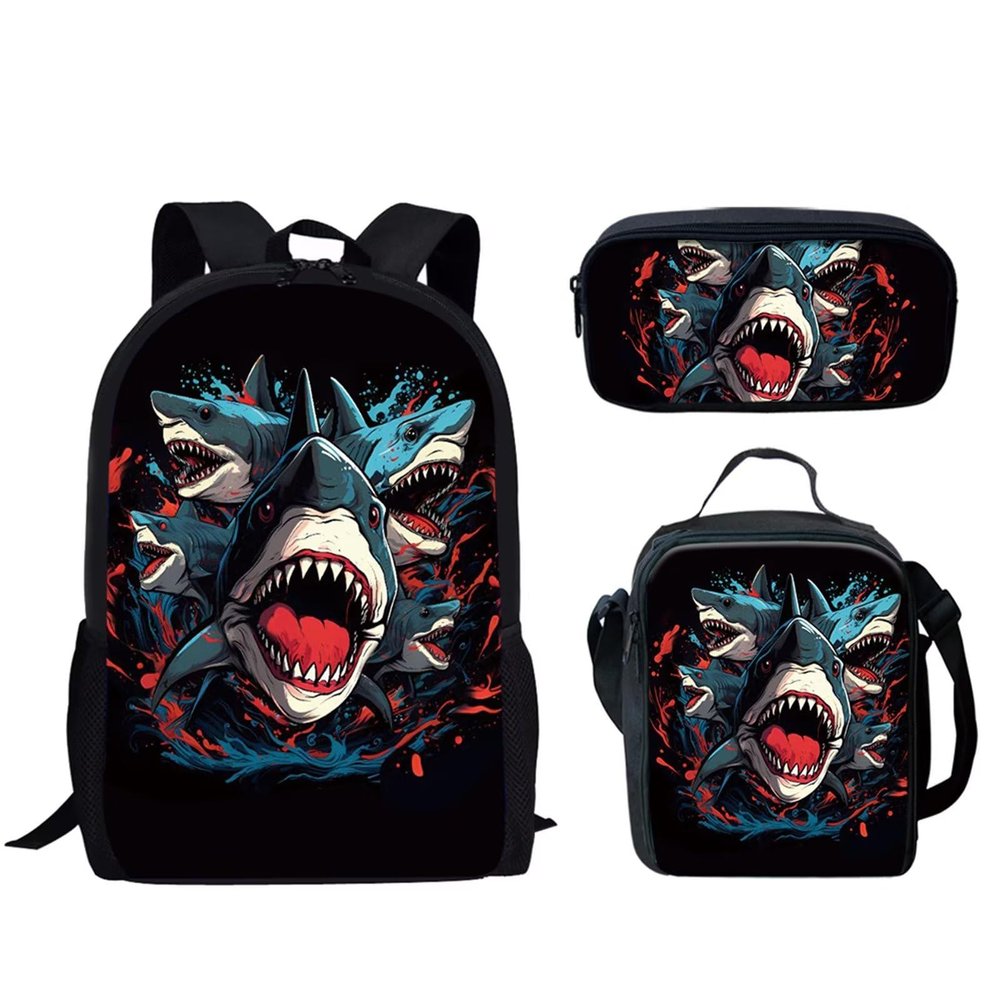 Forchrinse 3D Shark School Backpack for Boys 17 Inch Book Bags Kids School Bag and Lunch Box Tote Bag Children Primary Schoolbag
