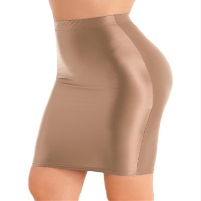 Rswnyirn Women's Glossy Pencil Skirt Solid Bodycon Skirts High Waist Clubwear Elastic Miniskirt Coffee Medium