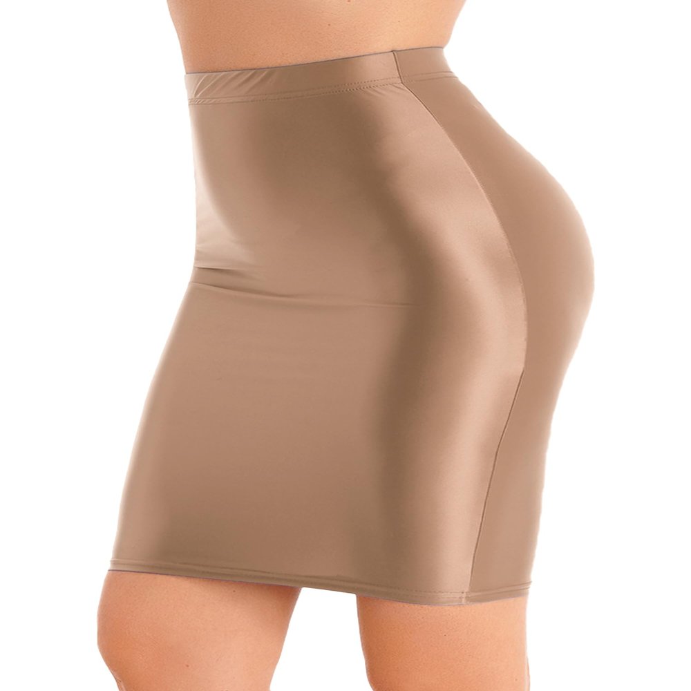 Rswnyirn Women's Glossy Pencil Skirt Solid Bodycon Skirts High Waist Clubwear Elastic Miniskirt Coffee Medium