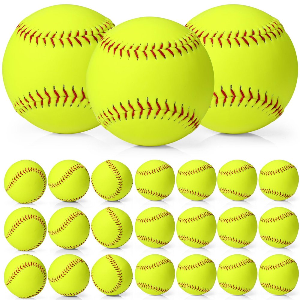 Lewtemi 24 Pack Yellow Practice Softballs Official Size and Weight Slowpitch Softball Sports Unmarked Leather Covered Youth Fastpitch Softball Ball Training Ball for Games Practice (11 Inch)