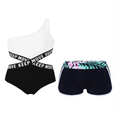 Manyakai Junior Girls One Piece Athletic Swimwear Jumpsuit Gymnastic Leotard with Shorts 2 Pcs Set Black 16 Years