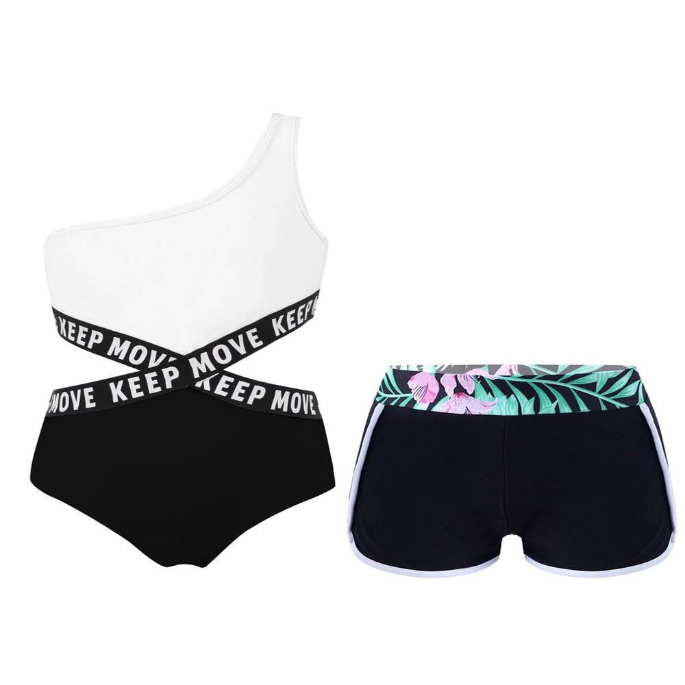 Manyakai Junior Girls One Piece Athletic Swimwear Jumpsuit Gymnastic Leotard with Shorts 2 Pcs Set Black 16 Years