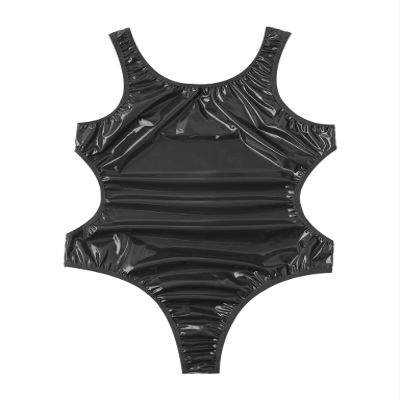 Lejafay Men Wet Look Patent Leather Bodysuit Leotard Singlet Catsuit Nightclub Party Dance Jumpsuits Black 4X-Large