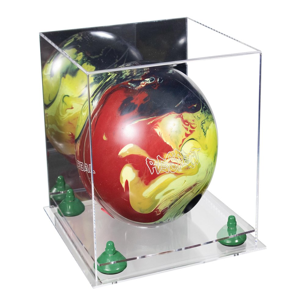 Better Display Cases Acrylic Bowling Ball Display Case with Mirror Case, Green Risers and Clear Base (B33/A028)