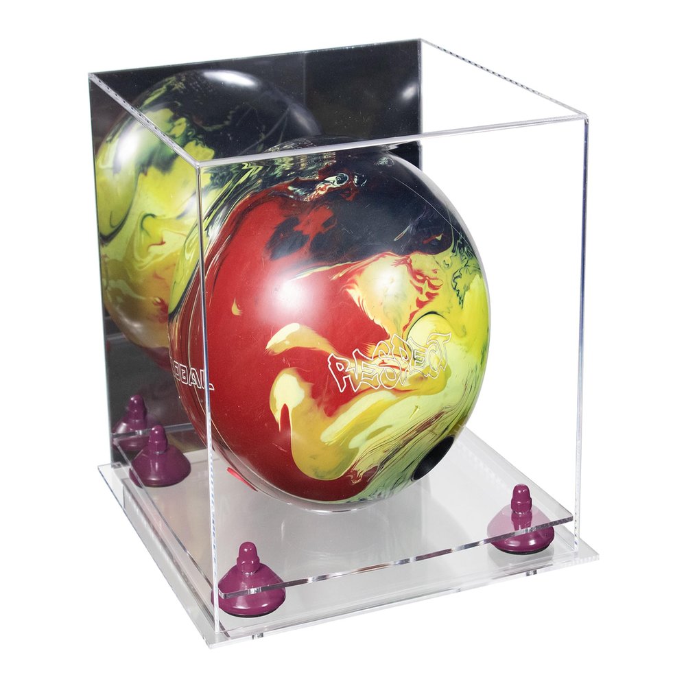 Better Display Cases Acrylic Bowling Ball Display Case with Mirror Case, Purple Risers and Clear Base (B33/A028)