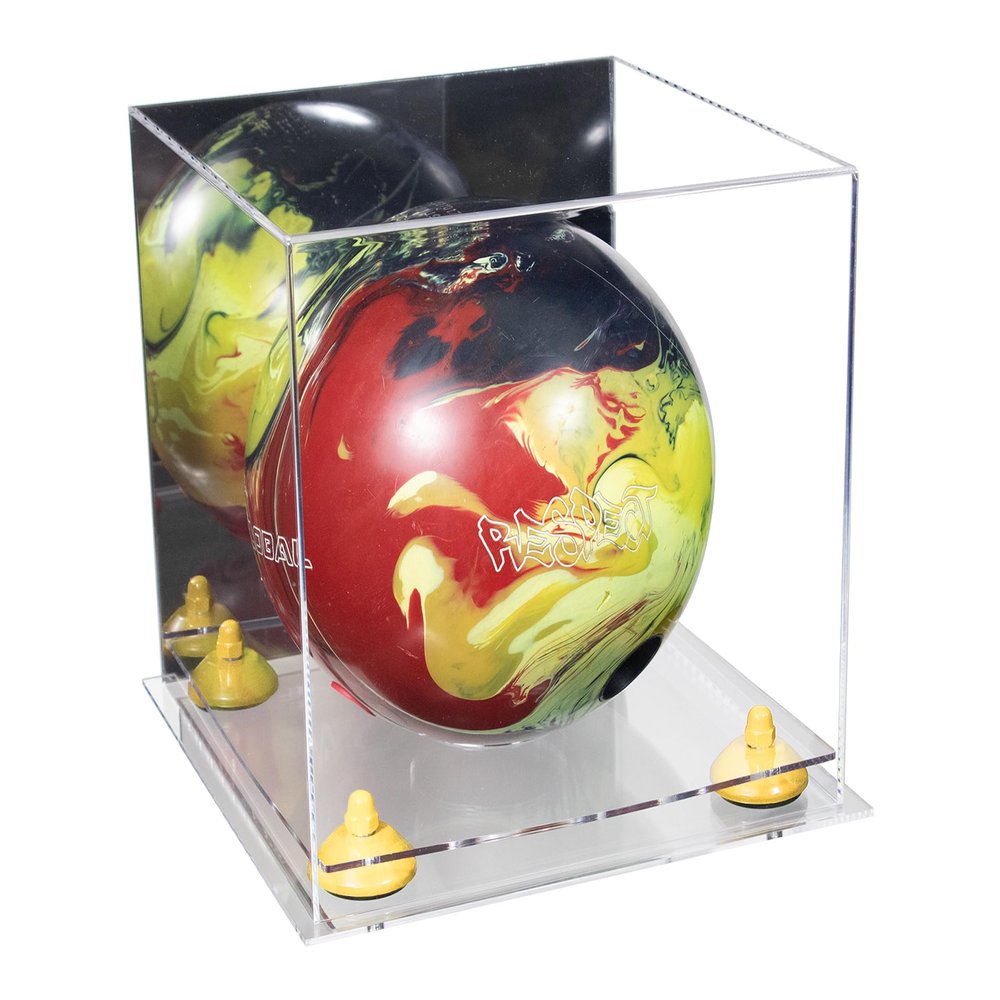 Better Display Cases Acrylic Bowling Ball Display Case with Mirror Case, Yellow Risers and Clear Base (B33/A028)
