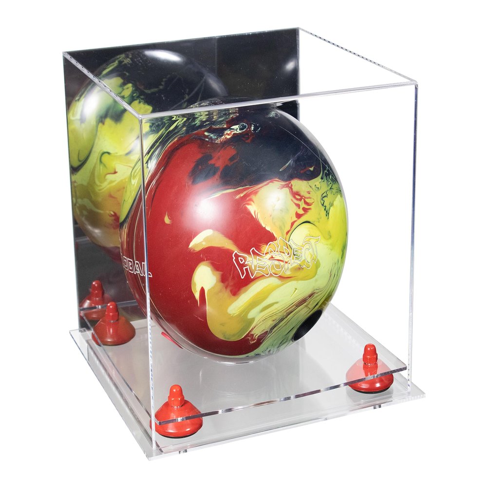 Better Display Cases Acrylic Bowling Ball Display Case with Mirror Case, Red Risers and Clear Base (B33/A028)
