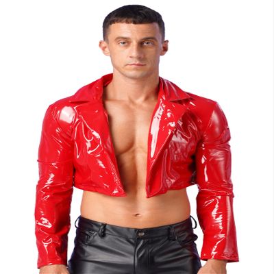 Linjinx Men's Shiny Metallic Patent Leather Jacket Latex Rubber Cropped Coat Biker Motorcycle Top T-Shirts Red X-Large