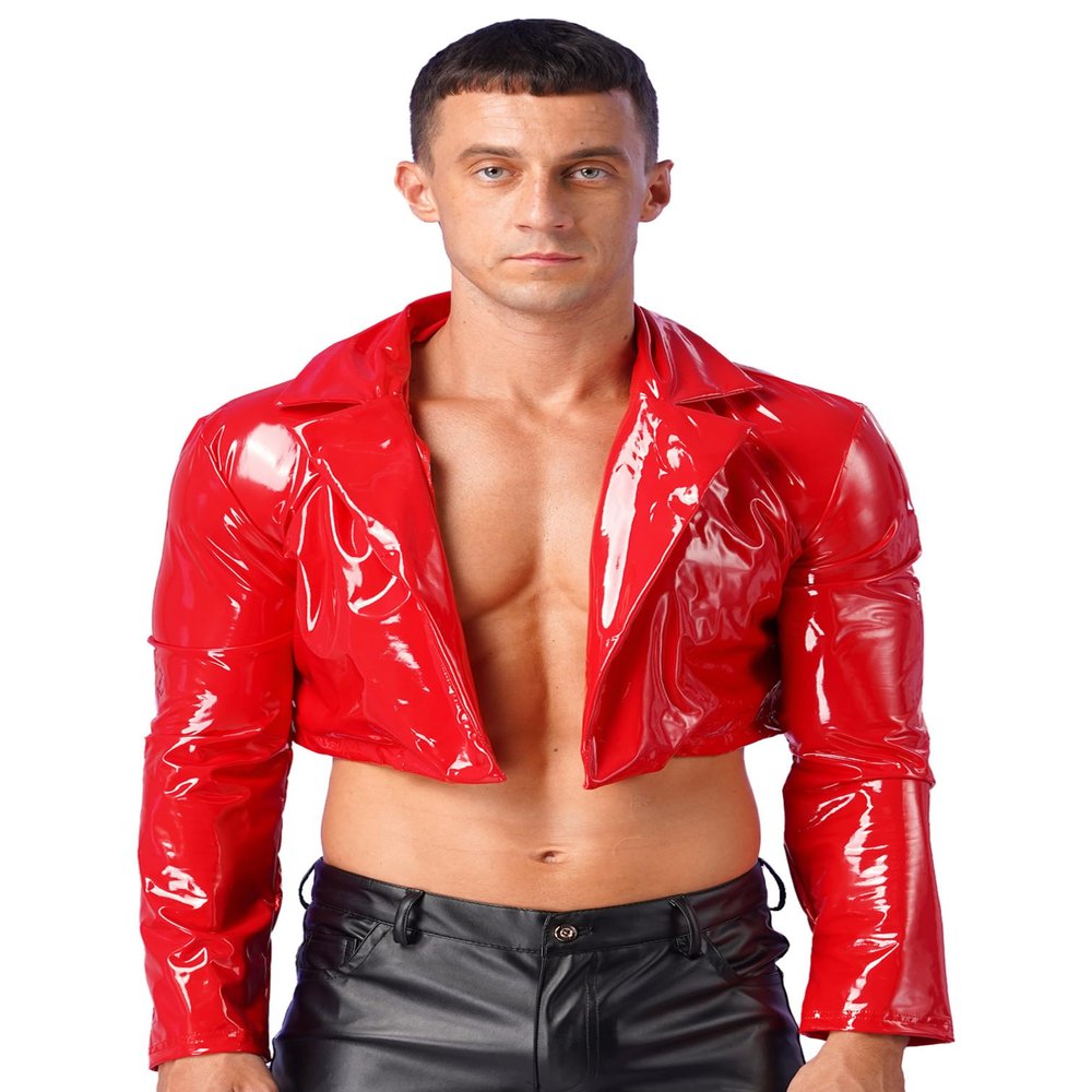 Linjinx Men's Shiny Metallic Patent Leather Jacket Latex Rubber Cropped Coat Biker Motorcycle Top T-Shirts Red X-Large