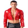 Linjinx Men's Shiny Metallic Patent Leather Jacket Latex Rubber Cropped Coat Biker Motorcycle Top T-Shirts Red X-Large view 1