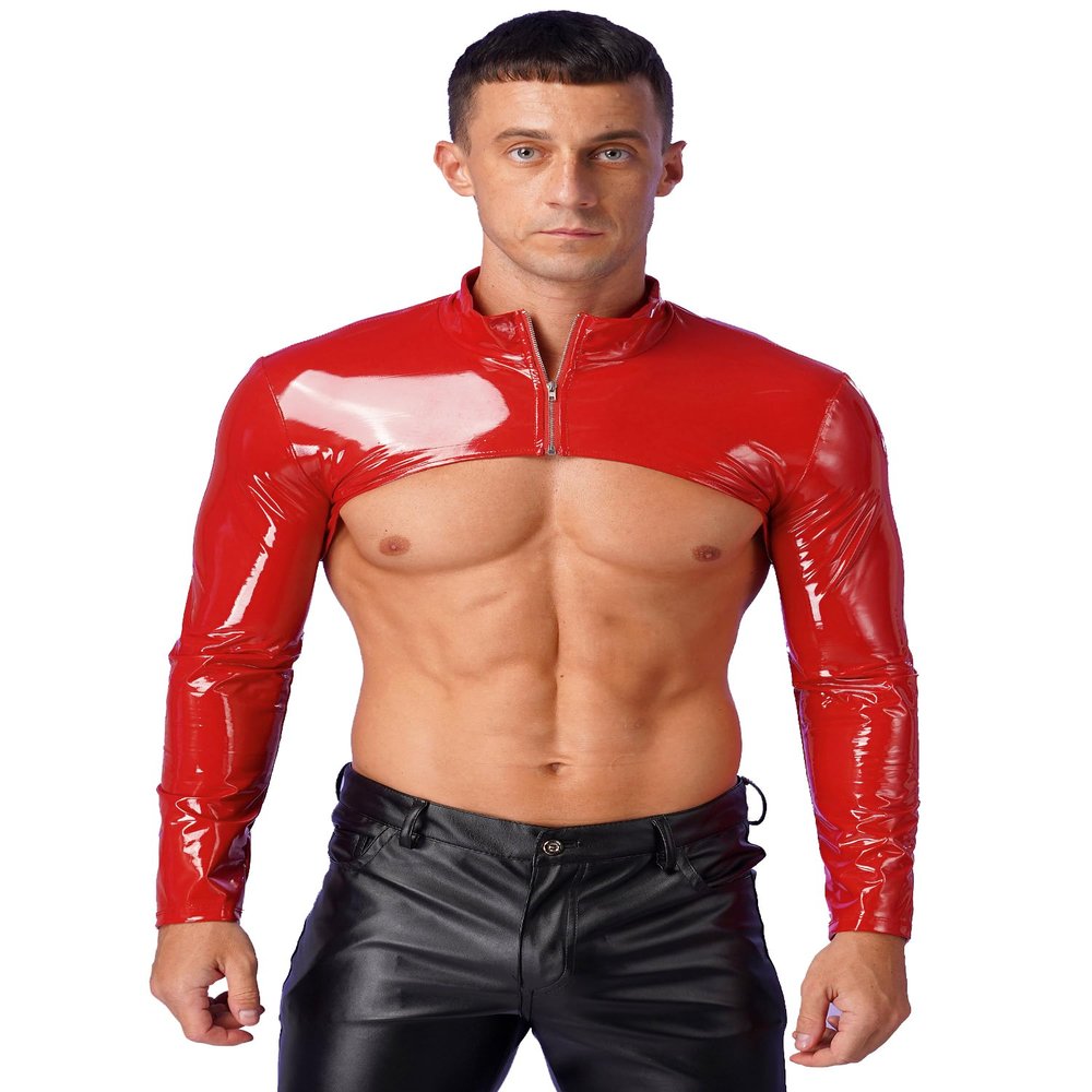 Linjinx Men's Faux Leather Wet Look Long Sleeves Tank Top Shirt Half Shrug Muscle Top Clubwear Red Medium
