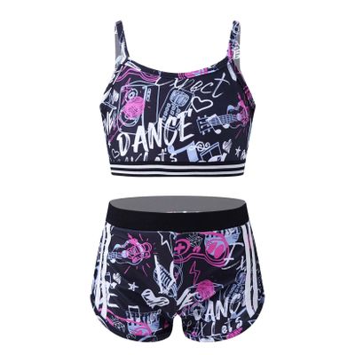 QinCiao Kids Girls Sports Outfits Gymnastics Workout Tracksuit Camisole Crop Top and Boycut Shorts Set Balck&Rose Red 12 Years