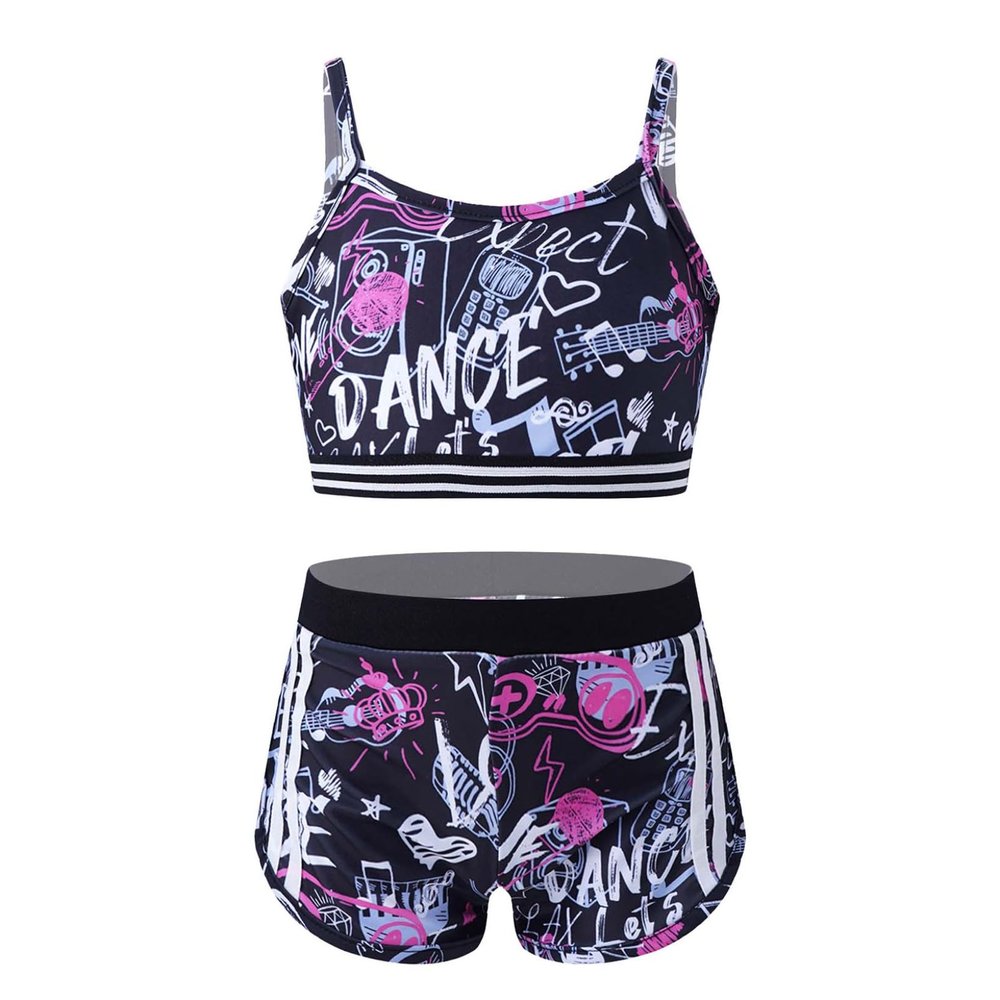 QinCiao Kids Girls Sports Outfits Gymnastics Workout Tracksuit Camisole Crop Top and Boycut Shorts Set Balck&Rose Red 12 Years