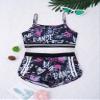 QinCiao Kids Girls Sports Outfits Gymnastics Workout Tracksuit Camisole Crop Top and Boycut Shorts Set Balck&Rose Red 12 Years view 3