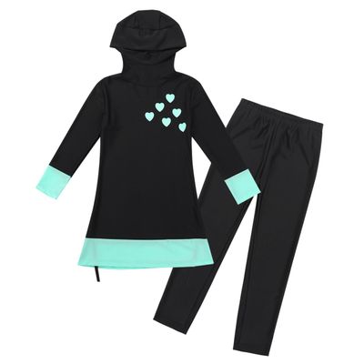 Eandarui Girls Muslim Swimwear Burkini Full Cover Hijab Modest Swimsuit Long Sleeve Top+Pants Kids Rash Guard Set Black 7-8 Years