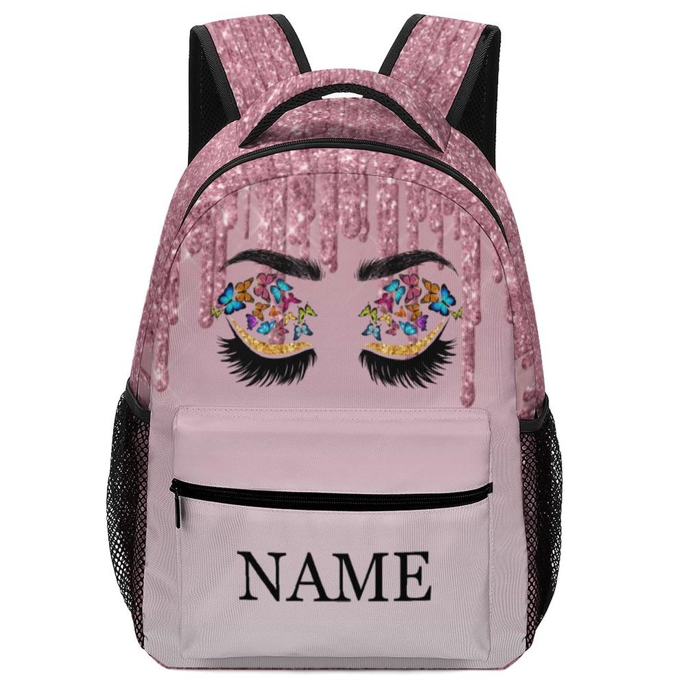 Fovanxixi Custom Pink Eyes Butterfly Backpack for Kids Boys Girls Personalized Name Text Children Backpack School Bag Customized Daypack Schoolbag for Student Bookbag