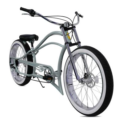 MICARGI 26" Boston Chopper-Style Stretch Cruiser Bikes, Disc Brake 7-Speed, Gray Frame Dual-Spring Wide Saddle, Moon-Type Cruiser Handlebar for Adults (Gray)