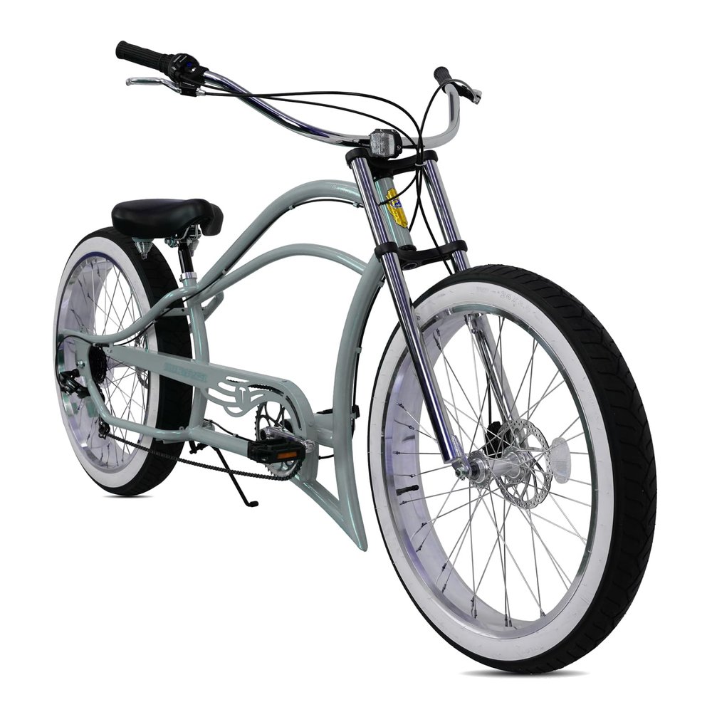 MICARGI 26" Boston Chopper-Style Stretch Cruiser Bikes, Disc Brake 7-Speed, Gray Frame Dual-Spring Wide Saddle, Moon-Type Cruiser Handlebar for Adults (Gray)
