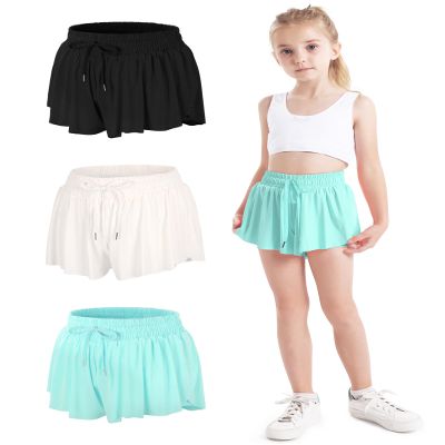 BOOPH 3PC Girls Flowy Butterfly Shorts Athletic Shorts Teen Girls with Inner Pockets for Running Tennis 9-10Y