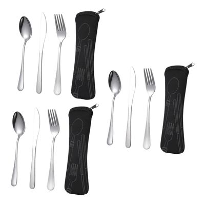 Sosoport 3sets Stainless Steel Portable Tableware Camping Cutlery Knife Fork Spoon Outdoor Utensils Storage Bag for Travel and Picnics